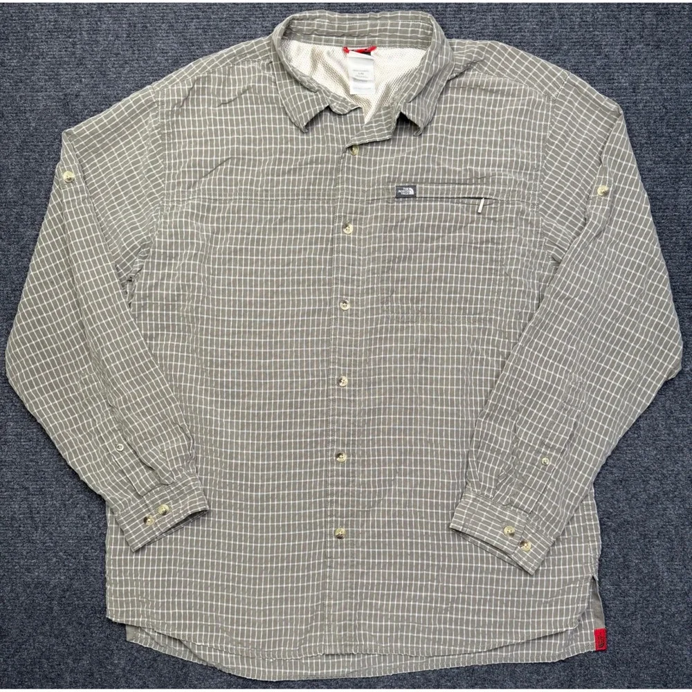 The North Face Mens Large Olive Green Plaid Long Sleeve Hiking Shirt Outdoor